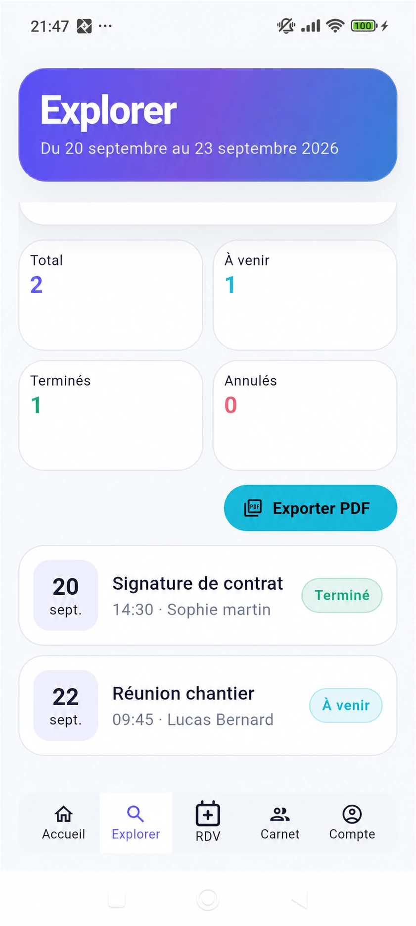 MesRDVs, écran Explorer et rendez-vous